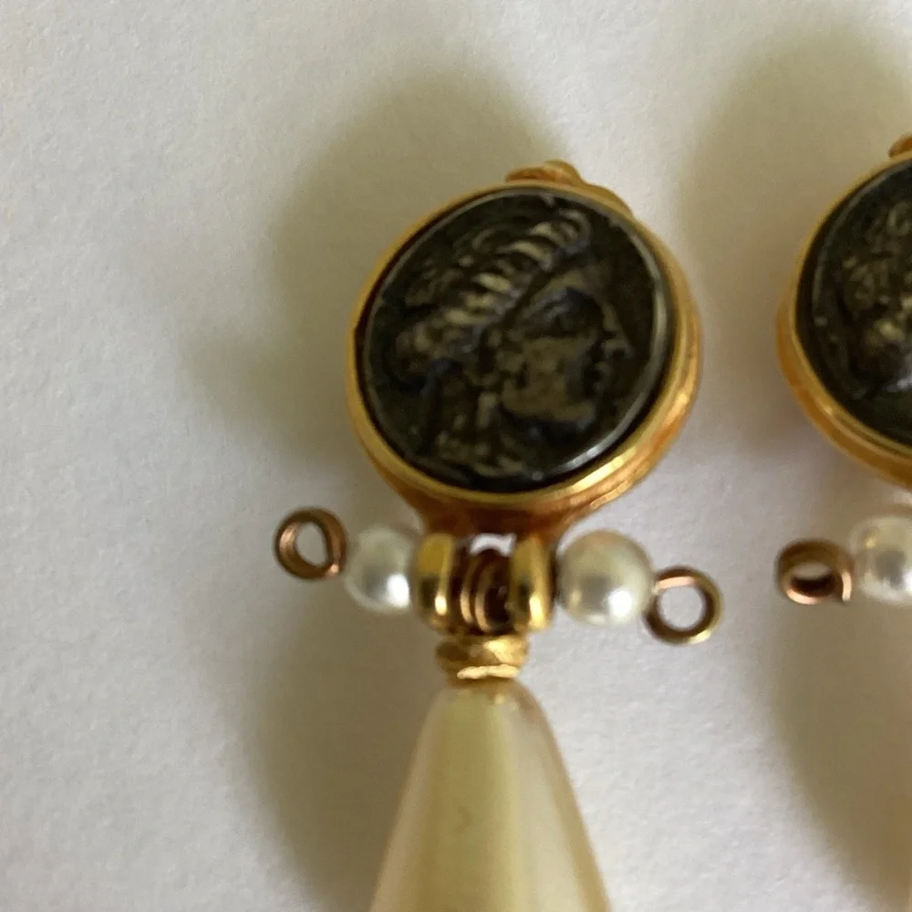 Etruscan Style Coin Earrings Faux Pearl Stamped LM Intaglio Mobe Classic Gift